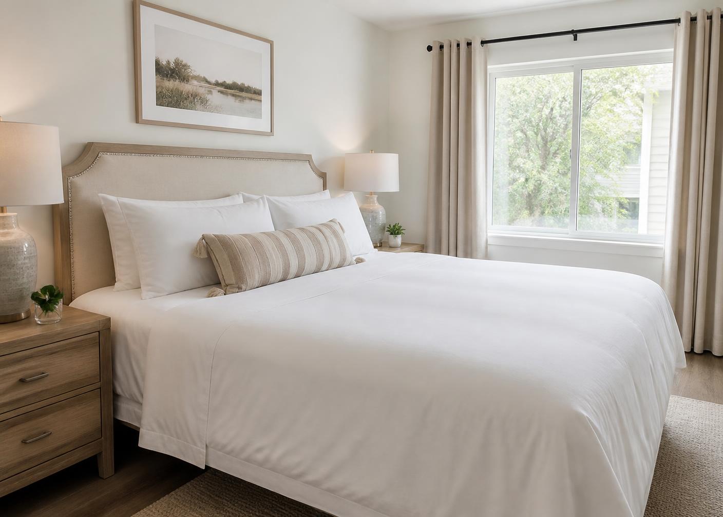 Neatly staged rental bedroom with crisp white bedding