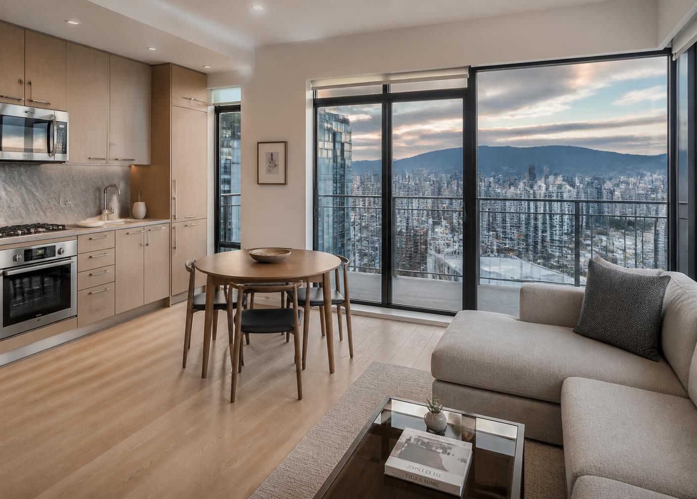 Modern condo living space with city view and light wood floors