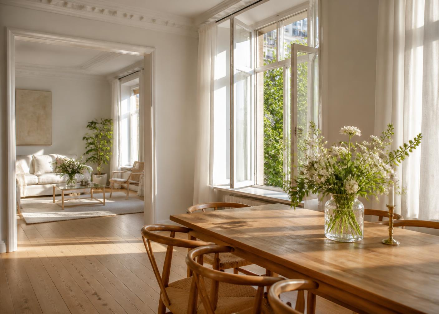 Sunlit tidy home interior with open windows and fresh flowers