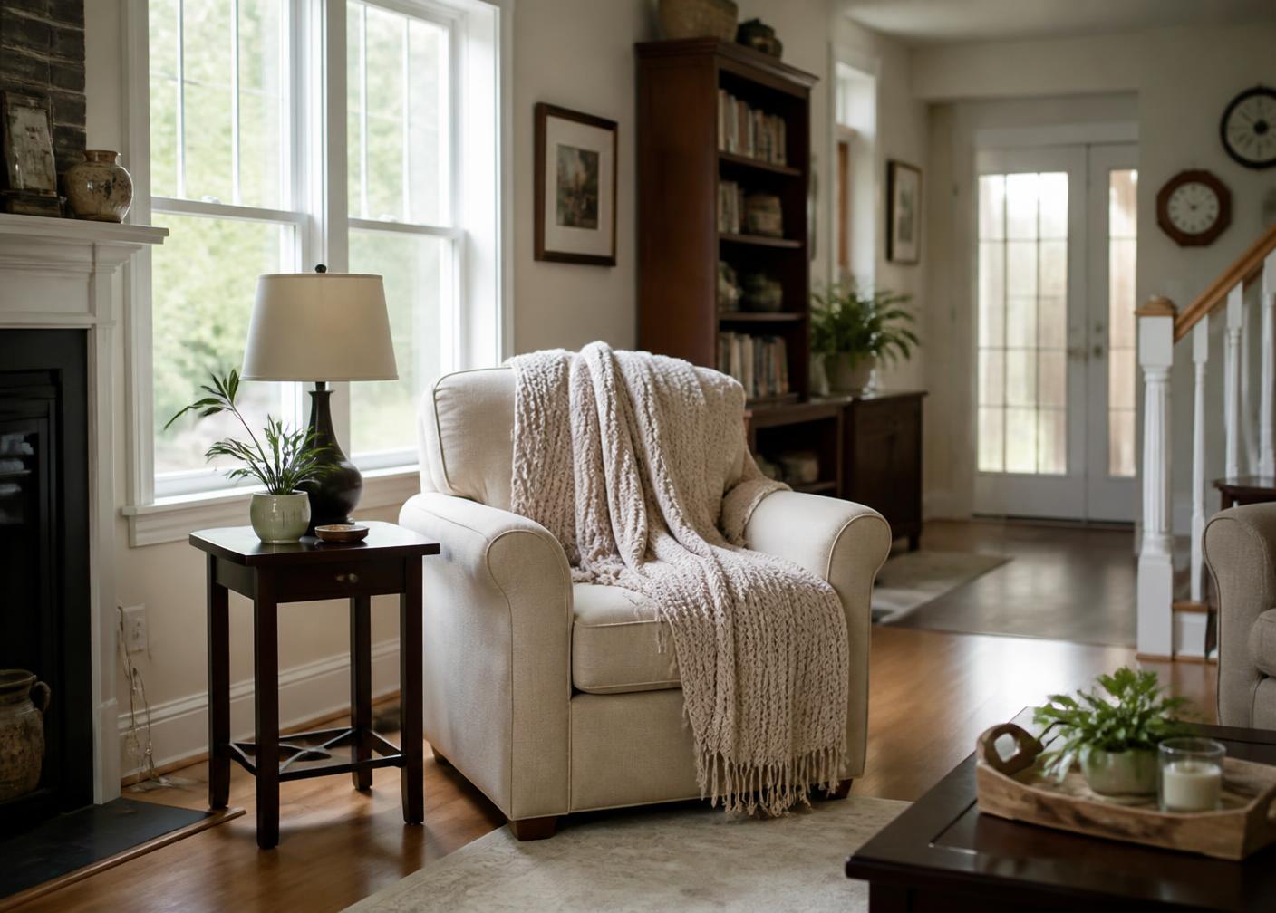 Comfortable tidy living room with armchair and soft daylight