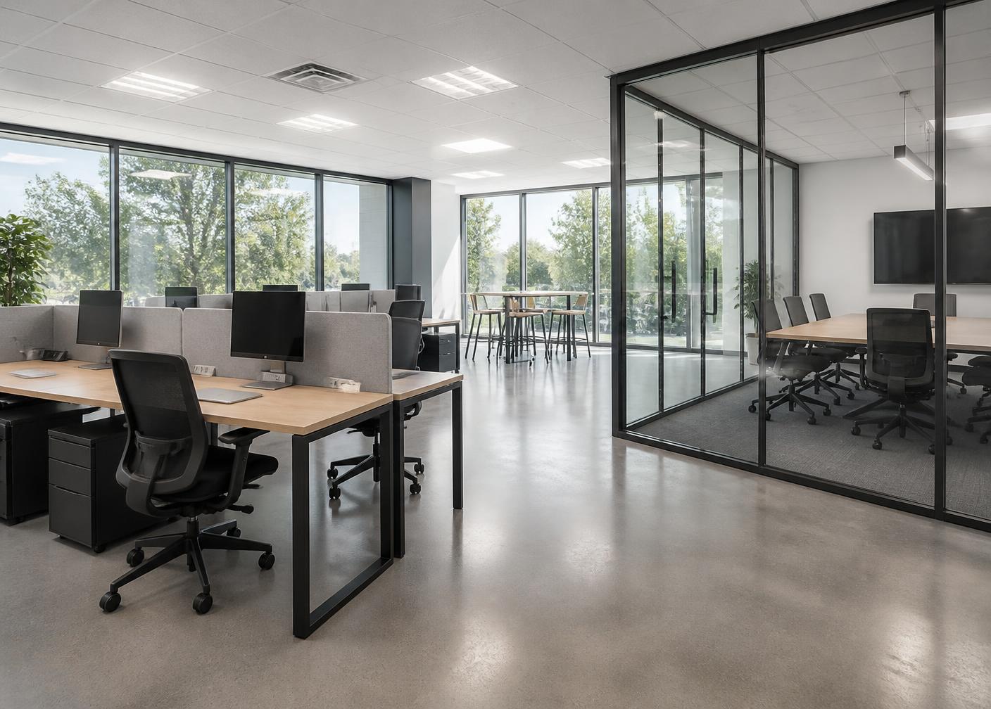 Bright modern commercial workspace with glass meeting room
